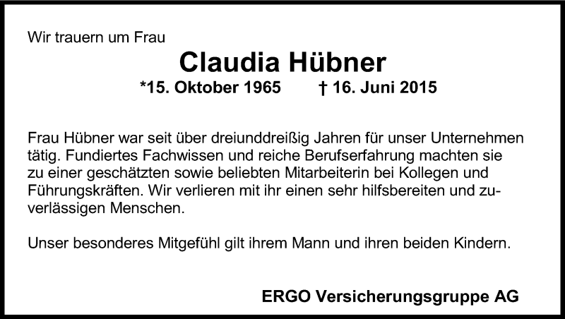  Traueranzeige für Claudia Hübner vom 24.06.2015 aus Kölner Stadt-Anzeiger / Kölnische Rundschau / Express