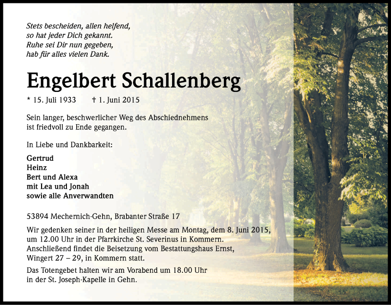  Traueranzeige für Engelbert Schallenberg vom 03.06.2015 aus Kölner Stadt-Anzeiger / Kölnische Rundschau / Express