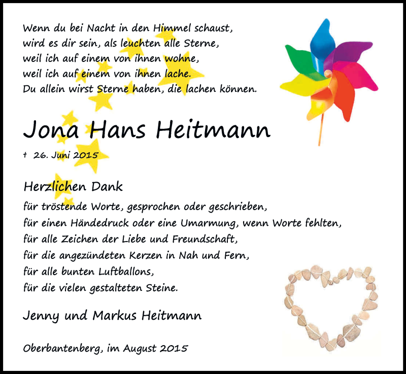  Traueranzeige für Jona Hans Heitmann vom 19.08.2015 aus Kölner Stadt-Anzeiger / Kölnische Rundschau / Express