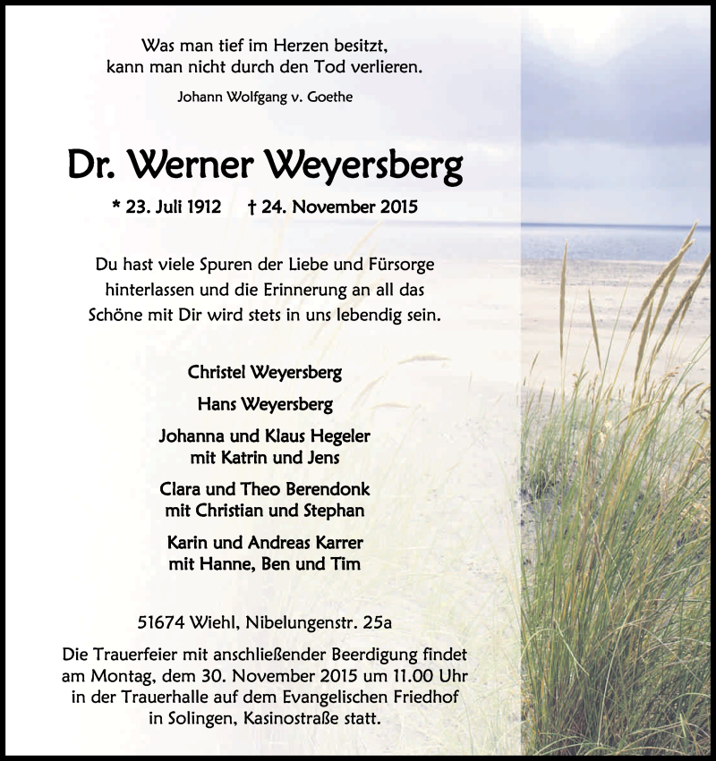 Traueranzeige für Werner Weyersberg vom 27.11.2015 aus Kölner Stadt-Anzeiger / Kölnische Rundschau / Express