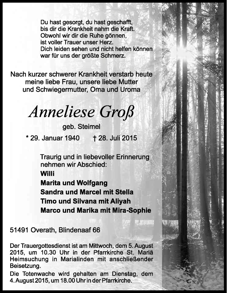  Traueranzeige für Anneliese Groß vom 31.07.2015 aus Kölner Stadt-Anzeiger / Kölnische Rundschau / Express