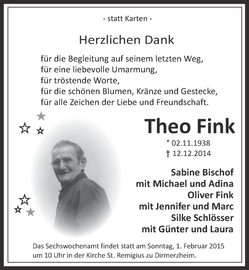  Traueranzeige für Theo Fink vom 28.01.2015 aus  Werbepost 