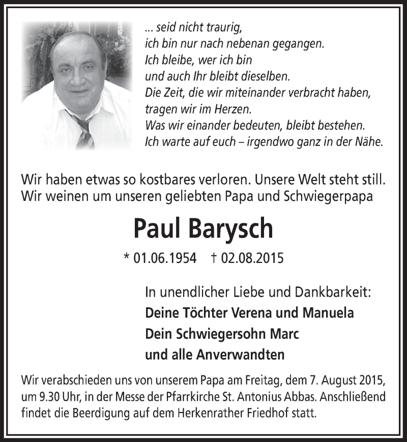  Traueranzeige für Paul Barysch vom 05.08.2015 aus  Bergisches Handelsblatt 