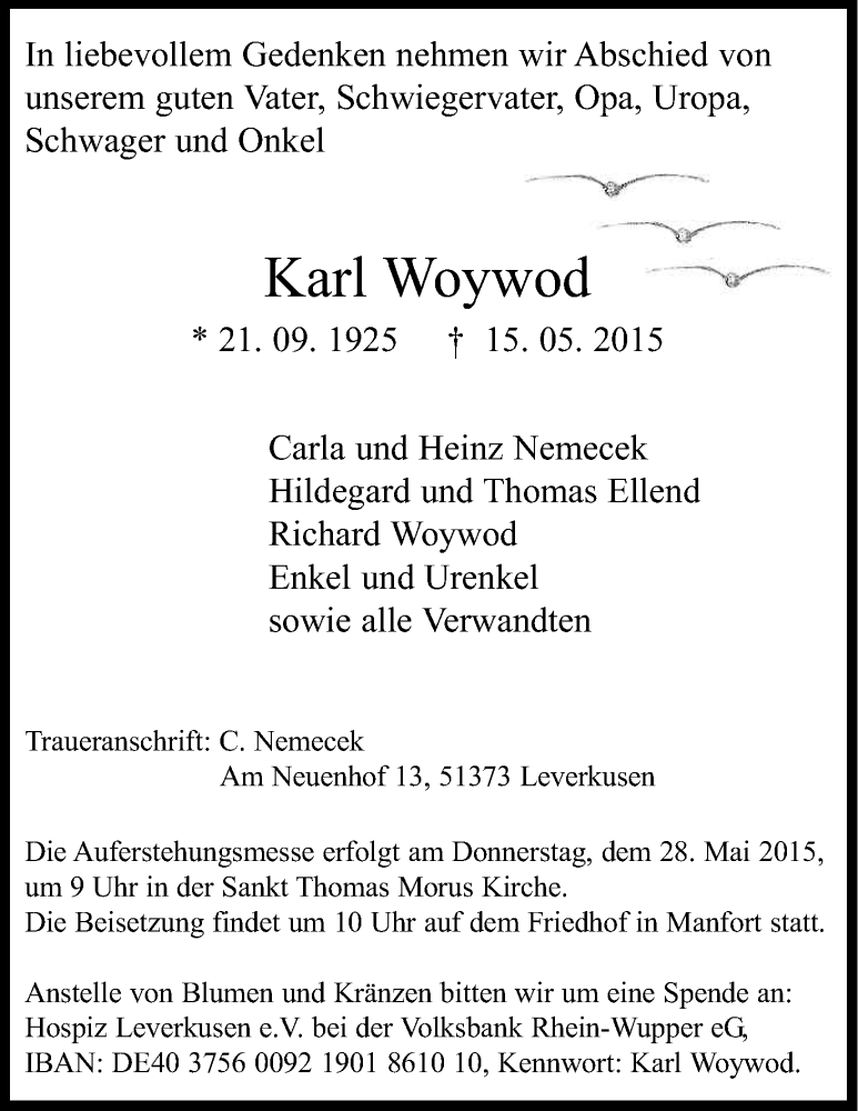  Traueranzeige für Karl Woywod vom 23.05.2015 aus Kölner Stadt-Anzeiger / Kölnische Rundschau / Express