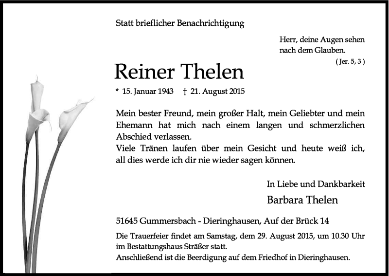  Traueranzeige für Reiner Thelen vom 27.08.2015 aus Kölner Stadt-Anzeiger / Kölnische Rundschau / Express