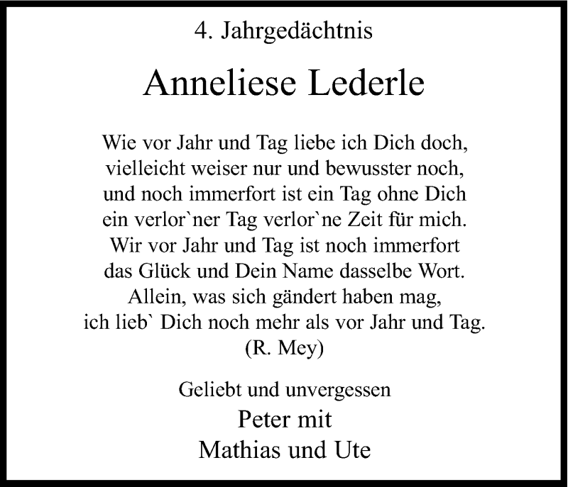  Traueranzeige für Anneliese Lederle vom 08.12.2015 aus Kölner Stadt-Anzeiger / Kölnische Rundschau / Express
