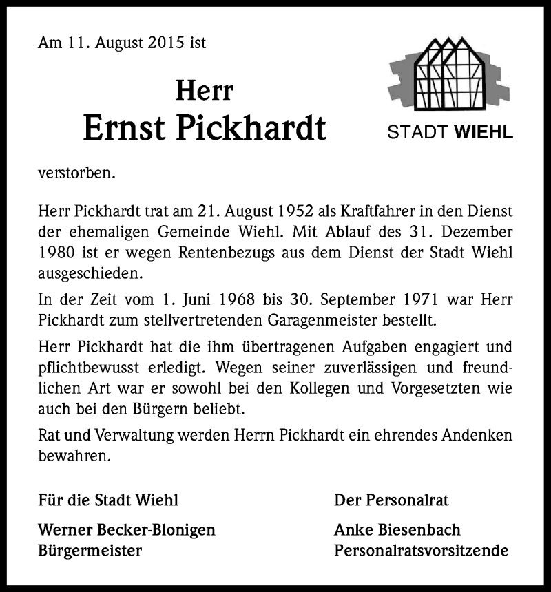  Traueranzeige für Ernst Pickhardt vom 27.08.2015 aus Kölner Stadt-Anzeiger / Kölnische Rundschau / Express