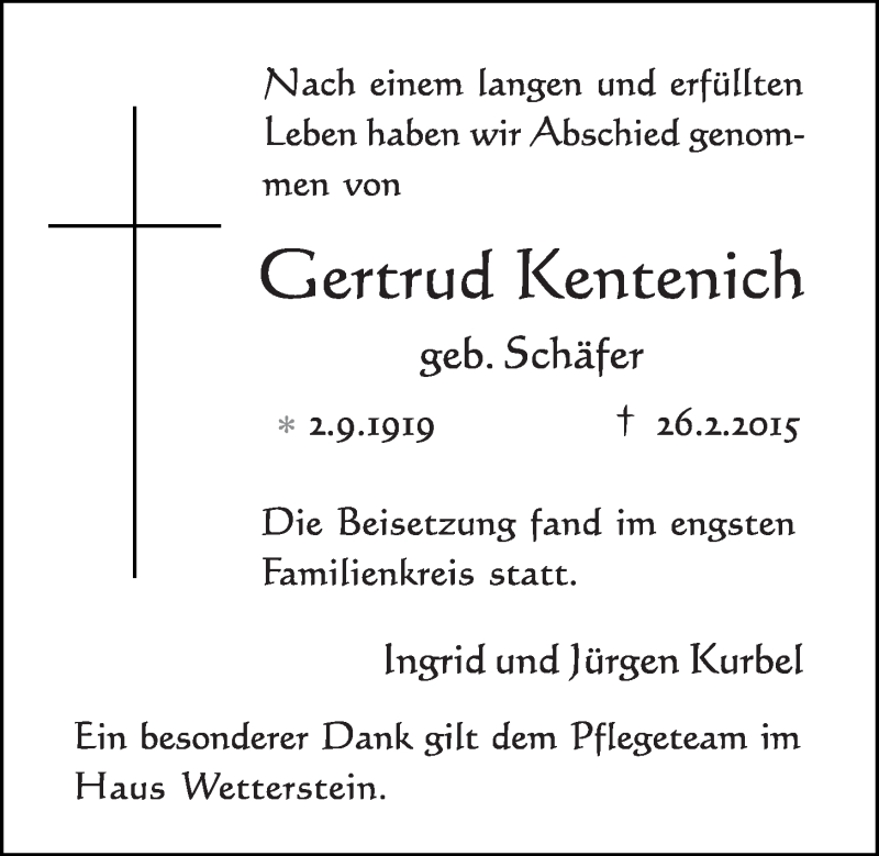  Traueranzeige für Gertrud Kentenich vom 04.03.2015 aus  Schlossbote/Werbekurier 