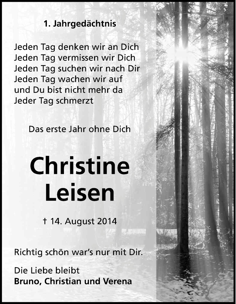  Traueranzeige für Christine Leisen vom 14.08.2015 aus Kölner Stadt-Anzeiger / Kölnische Rundschau / Express