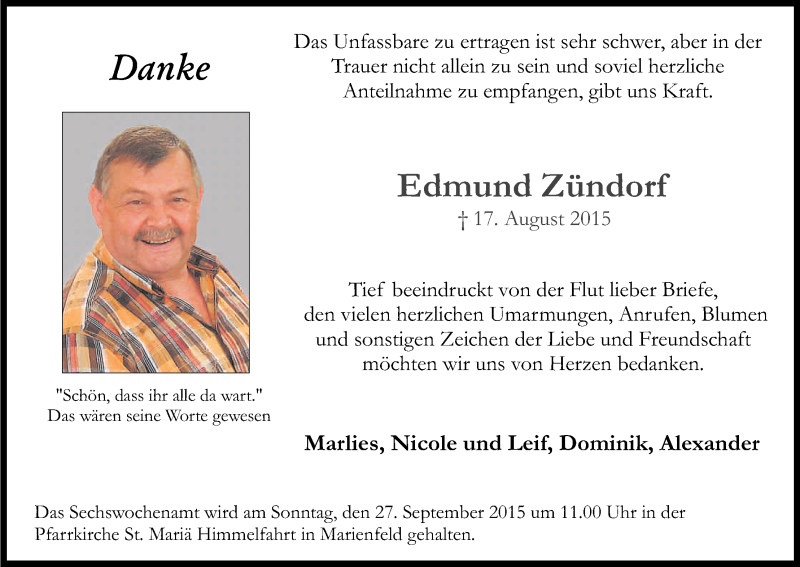  Traueranzeige für Edmund Zündorf vom 19.09.2015 aus Kölner Stadt-Anzeiger / Kölnische Rundschau / Express