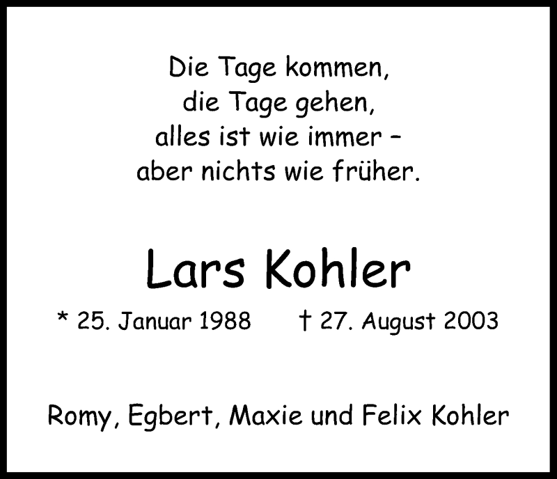  Traueranzeige für Lars Kohler vom 27.08.2015 aus Kölner Stadt-Anzeiger / Kölnische Rundschau / Express