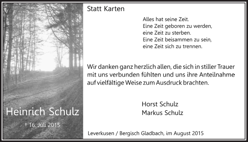  Traueranzeige für Heinrich Schulz vom 05.08.2015 aus  Bergisches Handelsblatt 