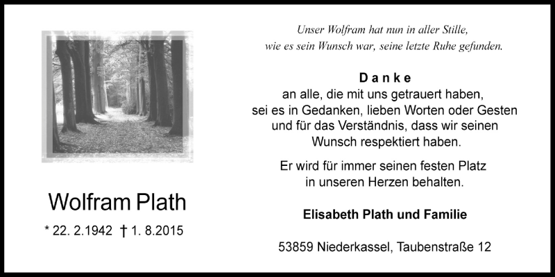  Traueranzeige für Wolfram Plath vom 29.08.2015 aus  Rhein-Sieg-Wochenende 