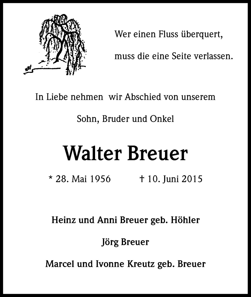  Traueranzeige für Walter Breuer vom 20.06.2015 aus Kölner Stadt-Anzeiger / Kölnische Rundschau / Express