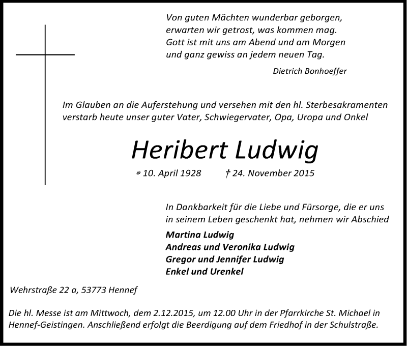  Traueranzeige für Heribert Ludwig vom 27.11.2015 aus Kölner Stadt-Anzeiger / Kölnische Rundschau / Express