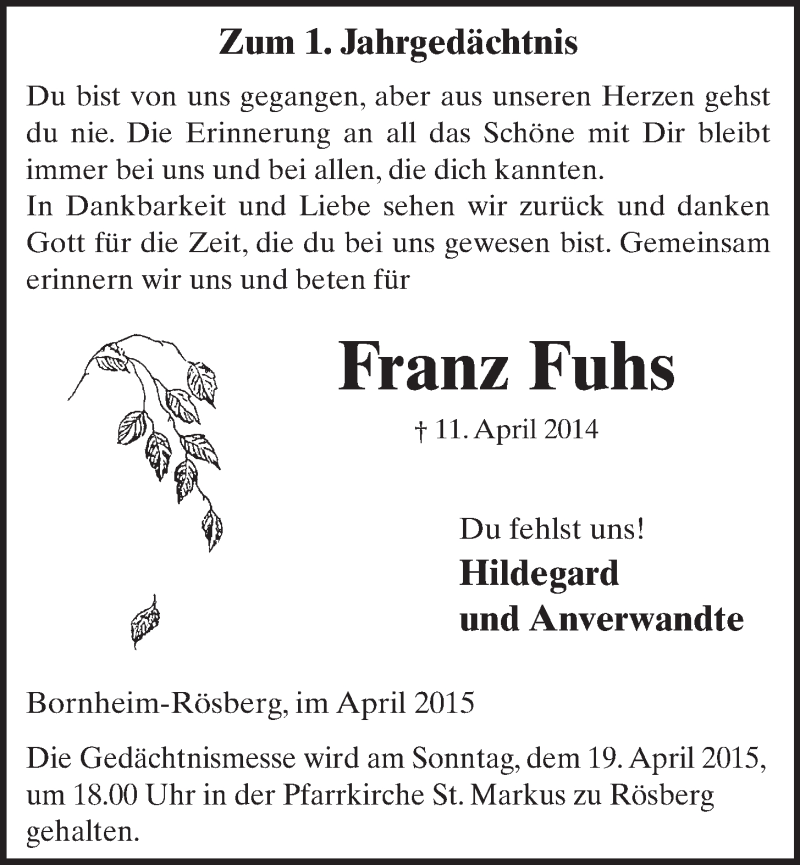  Traueranzeige für Franz Fuhs vom 15.04.2015 aus  Schlossbote/Werbekurier 