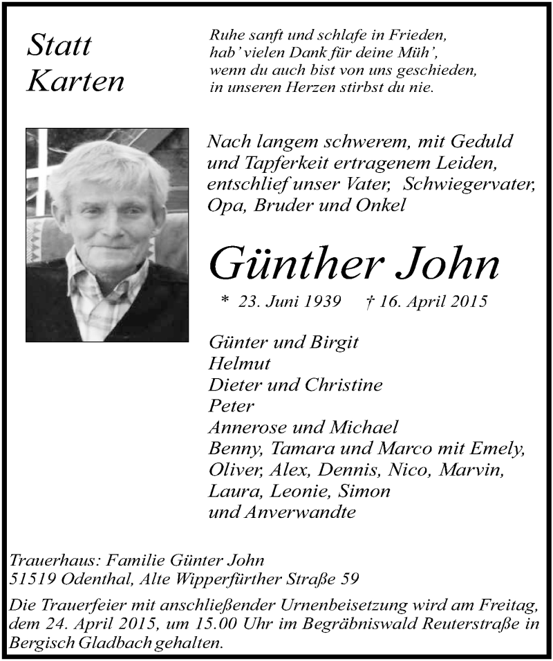  Traueranzeige für Günther John vom 22.04.2015 aus  Bergisches Handelsblatt 