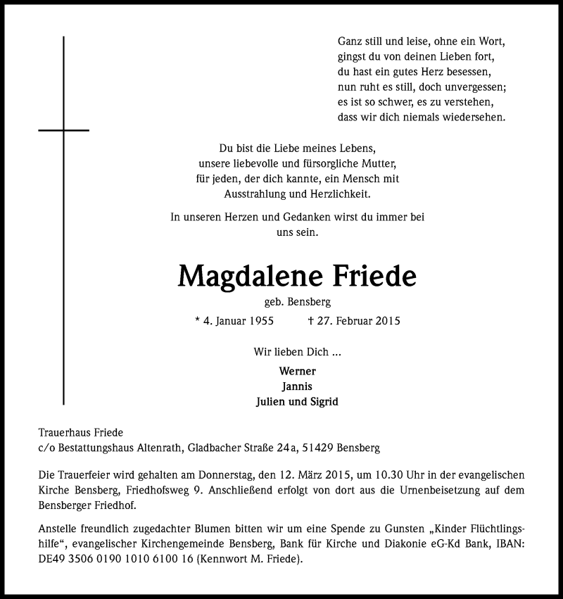  Traueranzeige für Magdalene Friede vom 06.03.2015 aus Kölner Stadt-Anzeiger / Kölnische Rundschau / Express