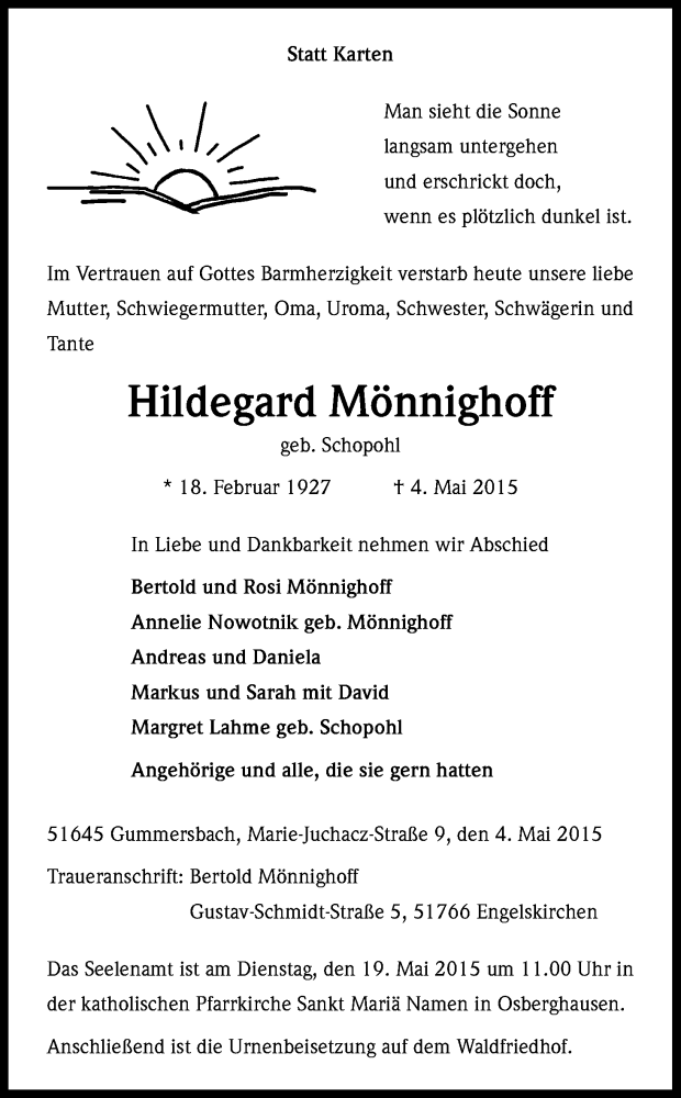  Traueranzeige für Hildegard Mönnighoff vom 16.05.2015 aus Kölner Stadt-Anzeiger / Kölnische Rundschau / Express