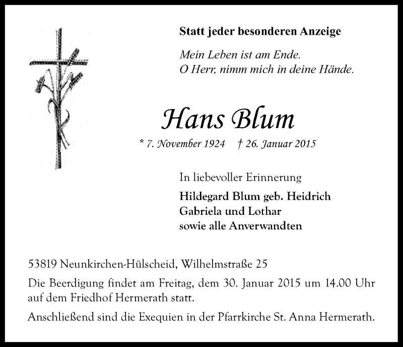  Traueranzeige für Hans Blum vom 29.01.2015 aus Kölner Stadt-Anzeiger / Kölnische Rundschau / Express