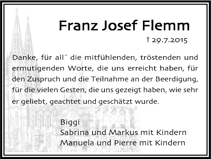  Traueranzeige für Franz Josef Flemm vom 27.08.2015 aus Kölner Stadt-Anzeiger / Kölnische Rundschau / Express