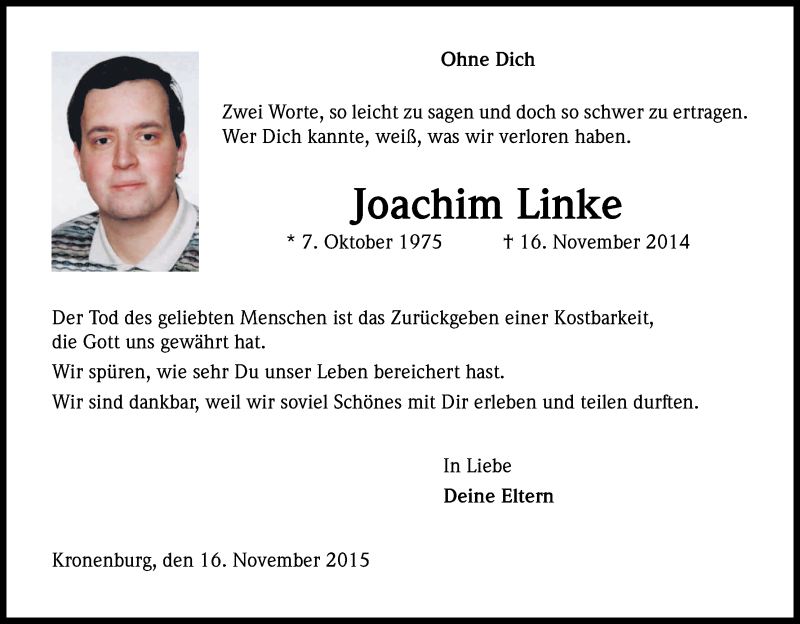  Traueranzeige für Joachim Linke vom 16.11.2015 aus Köln - Wir Trauern
