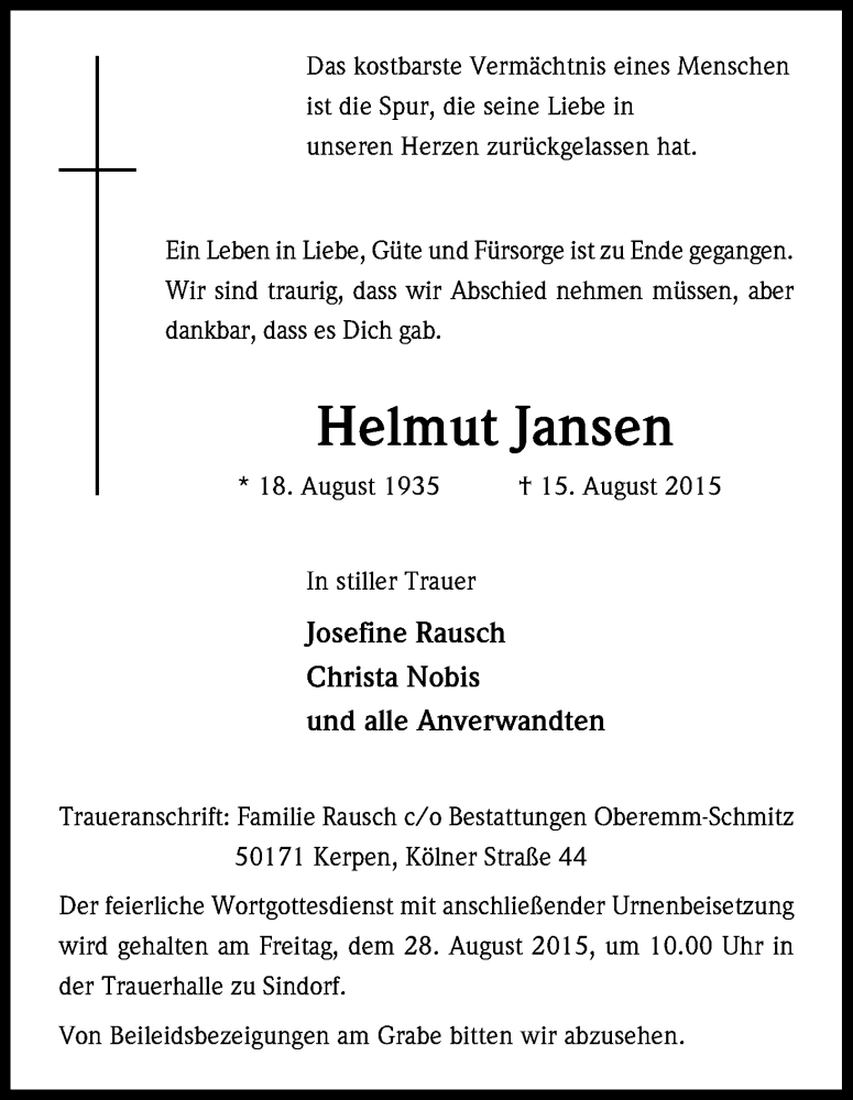  Traueranzeige für Helmut Jansen vom 27.08.2015 aus Kölner Stadt-Anzeiger / Kölnische Rundschau / Express