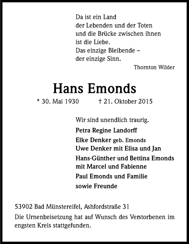 Traueranzeige für Hans Emonds vom 07.11.2015 aus Kölner Stadt-Anzeiger / Kölnische Rundschau / Express