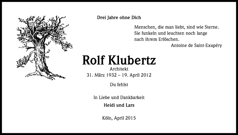  Traueranzeige für Rolf Klubertz vom 18.04.2015 aus Kölner Stadt-Anzeiger / Kölnische Rundschau / Express