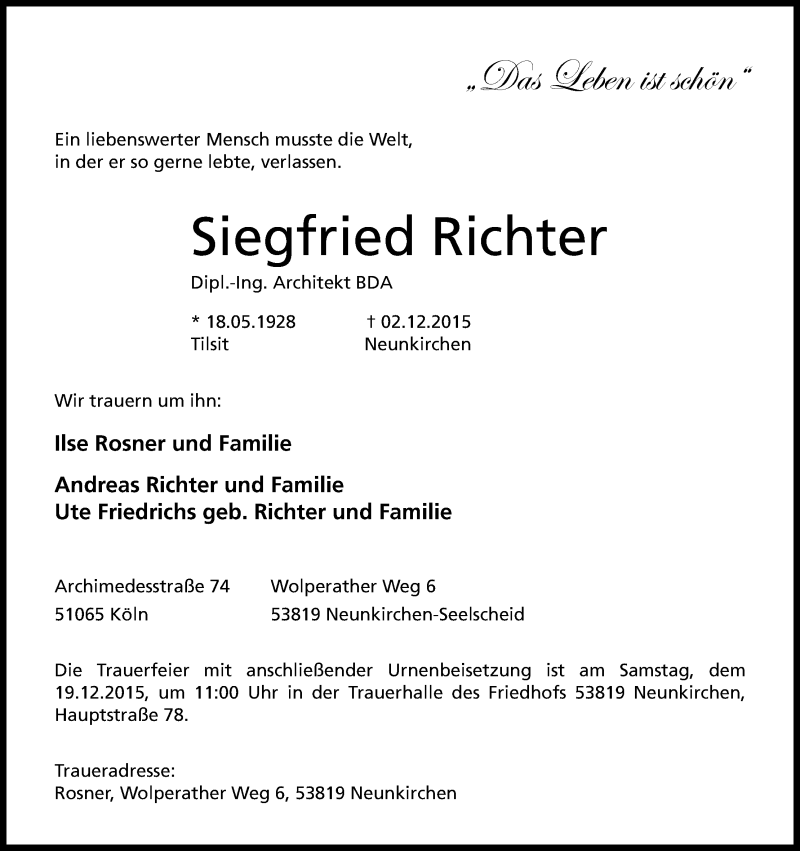  Traueranzeige für Siegfried Richter vom 12.12.2015 aus Kölner Stadt-Anzeiger / Kölnische Rundschau / Express