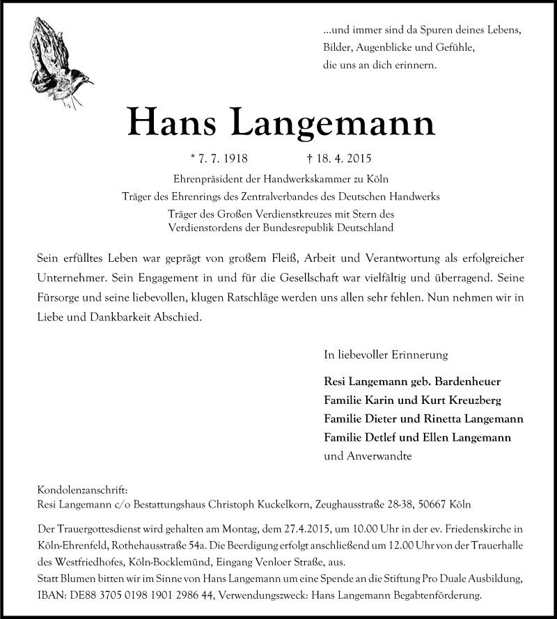  Traueranzeige für Hans Langemann vom 22.04.2015 aus Kölner Stadt-Anzeiger / Kölnische Rundschau / Express