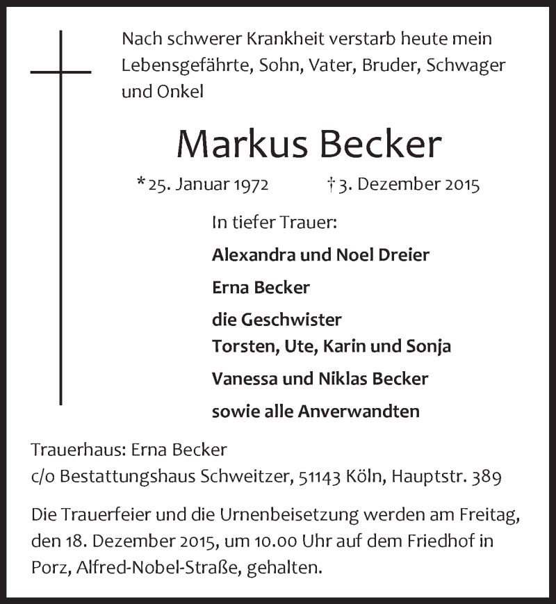 Traueranzeige für Markus Becker vom 16.12.2015 aus  Kölner Wochenspiegel 