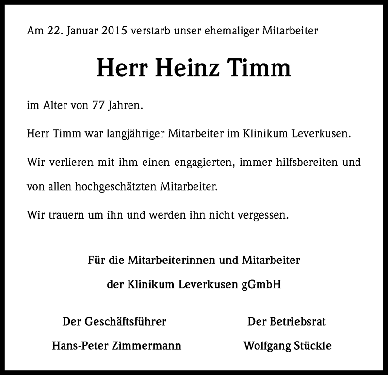  Traueranzeige für Heinz Timm vom 29.01.2015 aus Kölner Stadt-Anzeiger / Kölnische Rundschau / Express