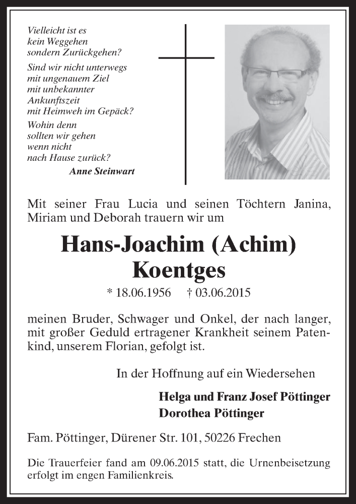 Traueranzeige für Hans-Joachim Koentges vom 10.06.2015 aus  Wochenende 