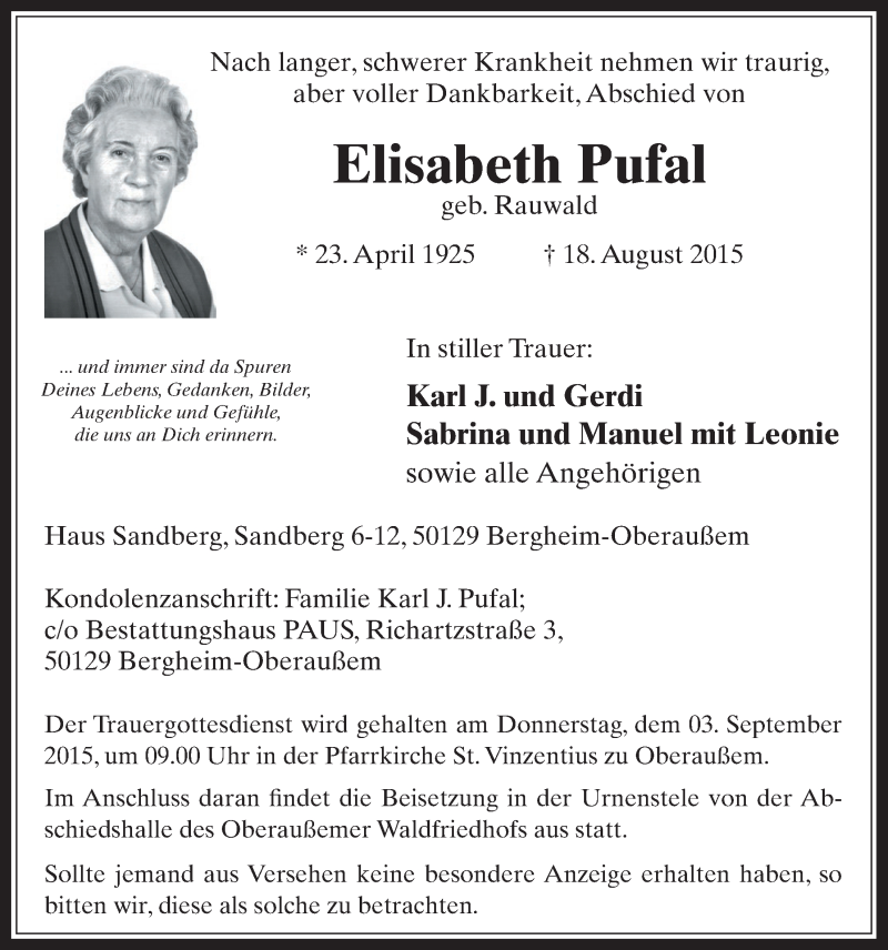  Traueranzeige für Elisabeth Pufal vom 26.08.2015 aus  Werbepost 