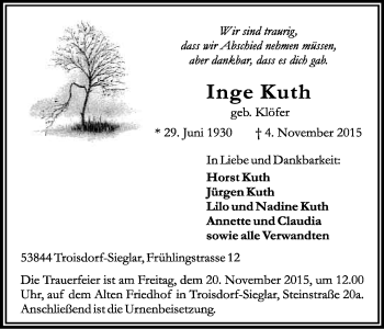 Anzeige von Inge Kuth von Köln - Wir Trauern