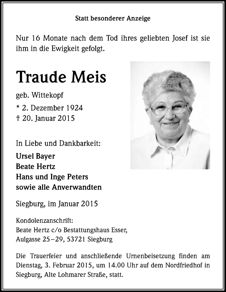  Traueranzeige für Traude Meis vom 29.01.2015 aus Kölner Stadt-Anzeiger / Kölnische Rundschau / Express