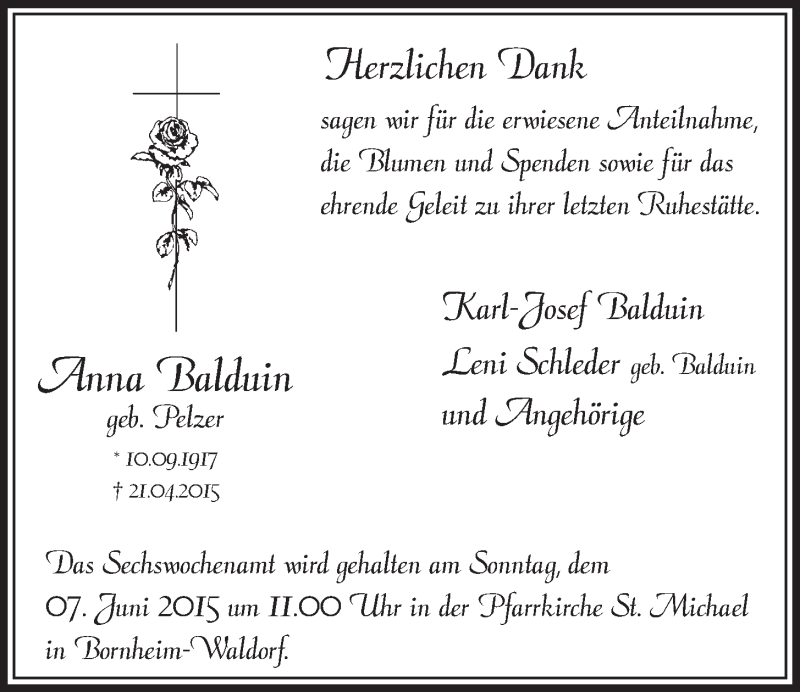  Traueranzeige für Anna Balduin vom 27.05.2015 aus  Schlossbote/Werbekurier 