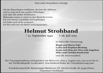 Anzeige von Helmut Strohband von  Blickpunkt Euskirchen 