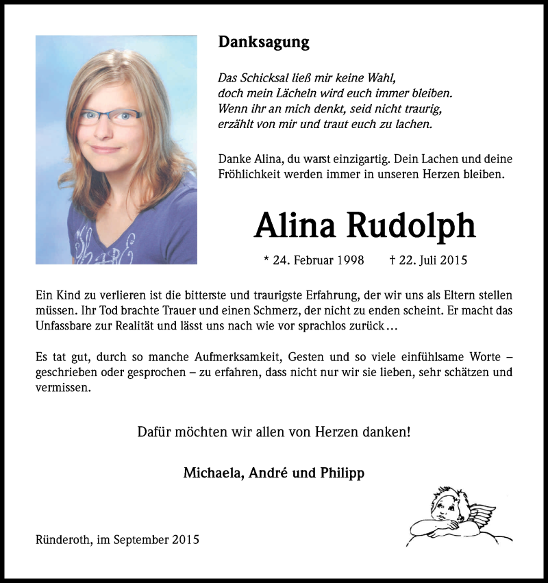  Traueranzeige für Alina Rudolph vom 19.09.2015 aus Kölner Stadt-Anzeiger / Kölnische Rundschau / Express