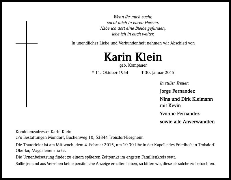  Traueranzeige für Karin Klein vom 03.02.2015 aus Kölner Stadt-Anzeiger / Kölnische Rundschau / Express