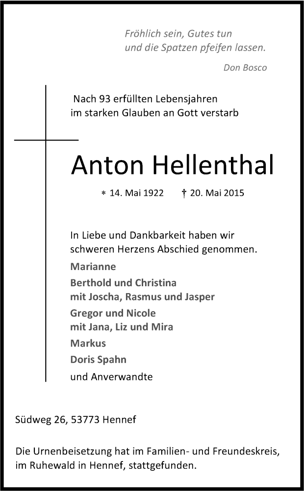  Traueranzeige für Anton Hellenthal vom 06.06.2015 aus Kölner Stadt-Anzeiger / Kölnische Rundschau / Express