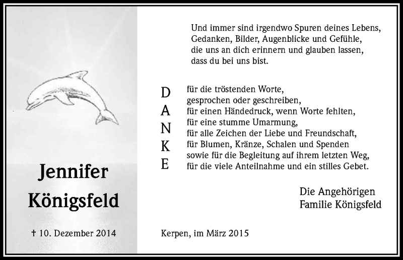  Traueranzeige für Jennifer Königsfeld vom 28.03.2015 aus Kölner Stadt-Anzeiger / Kölnische Rundschau / Express