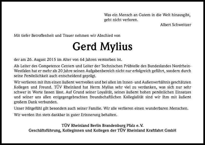  Traueranzeige für Gerd Mylius vom 05.09.2015 aus Kölner Stadt-Anzeiger / Kölnische Rundschau / Express