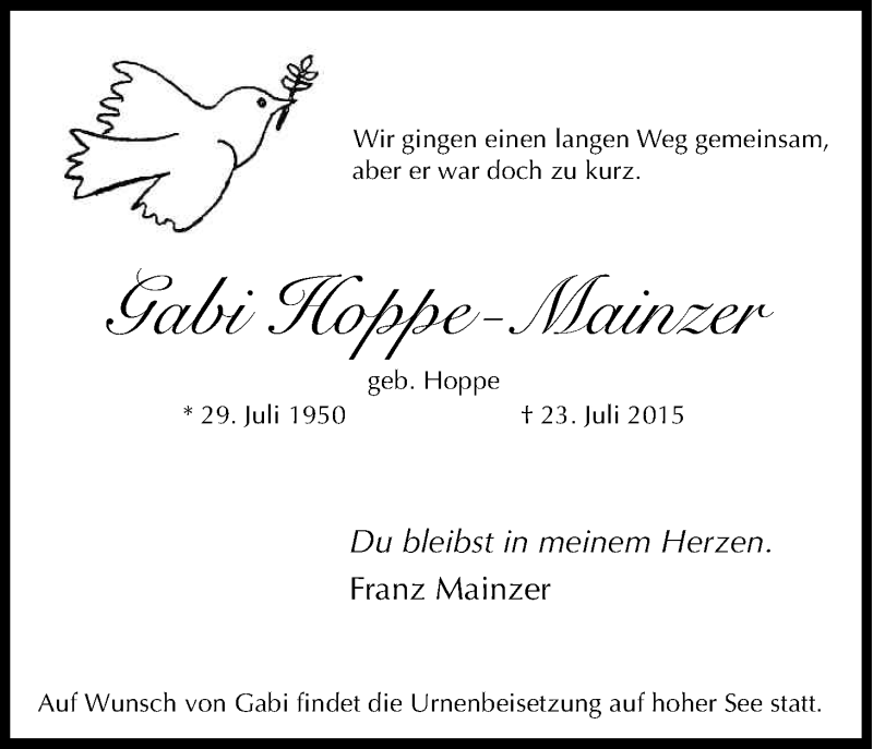  Traueranzeige für Gabi Hoppe-Mainzer vom 25.07.2015 aus Kölner Stadt-Anzeiger / Kölnische Rundschau / Express