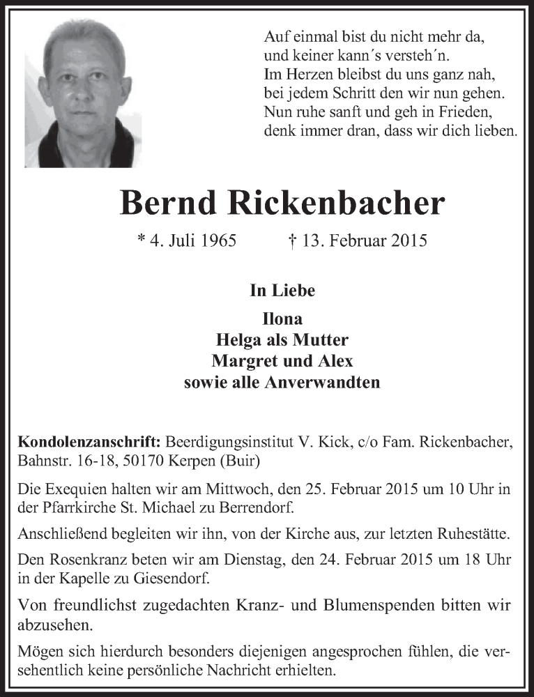  Traueranzeige für Bernd Rickenbacher vom 21.02.2015 aus  Sonntags-Post 