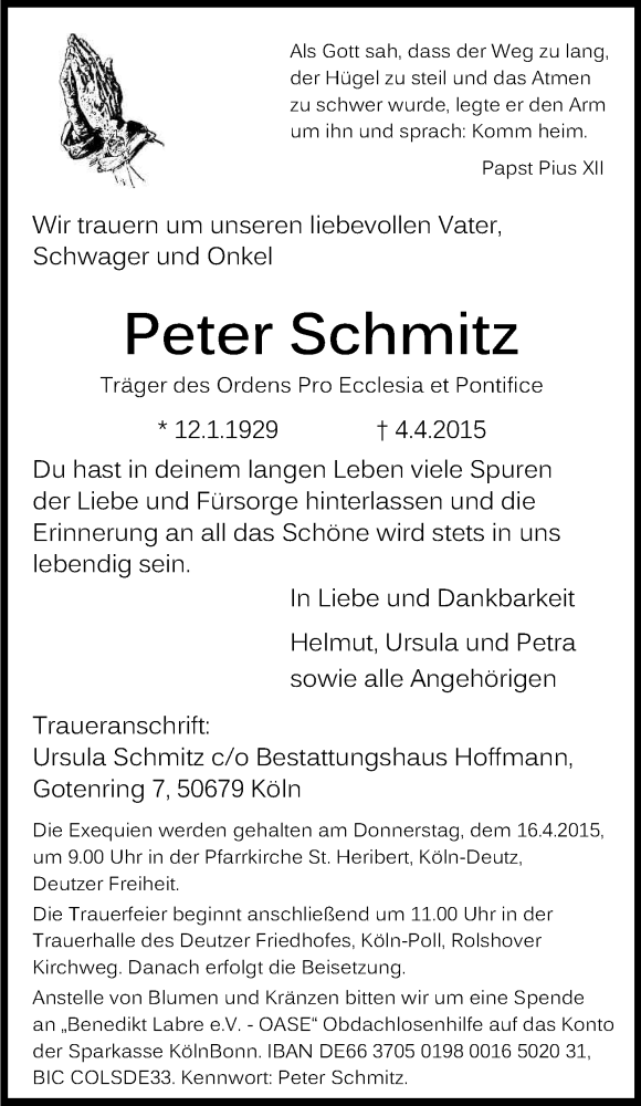  Traueranzeige für Peter Schmitz vom 11.04.2015 aus Kölner Stadt-Anzeiger / Kölnische Rundschau / Express