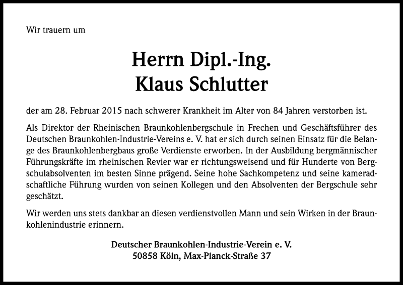  Traueranzeige für Klaus Schlutter vom 04.03.2015 aus Kölner Stadt-Anzeiger / Kölnische Rundschau / Express