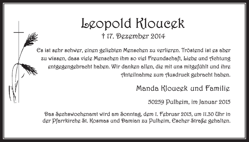  Traueranzeige für Leopold Kloucek vom 24.01.2015 aus  Sonntags-Post 