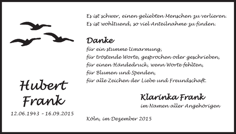  Traueranzeige für Hubert Frank vom 16.12.2015 aus  Kölner Wochenspiegel 